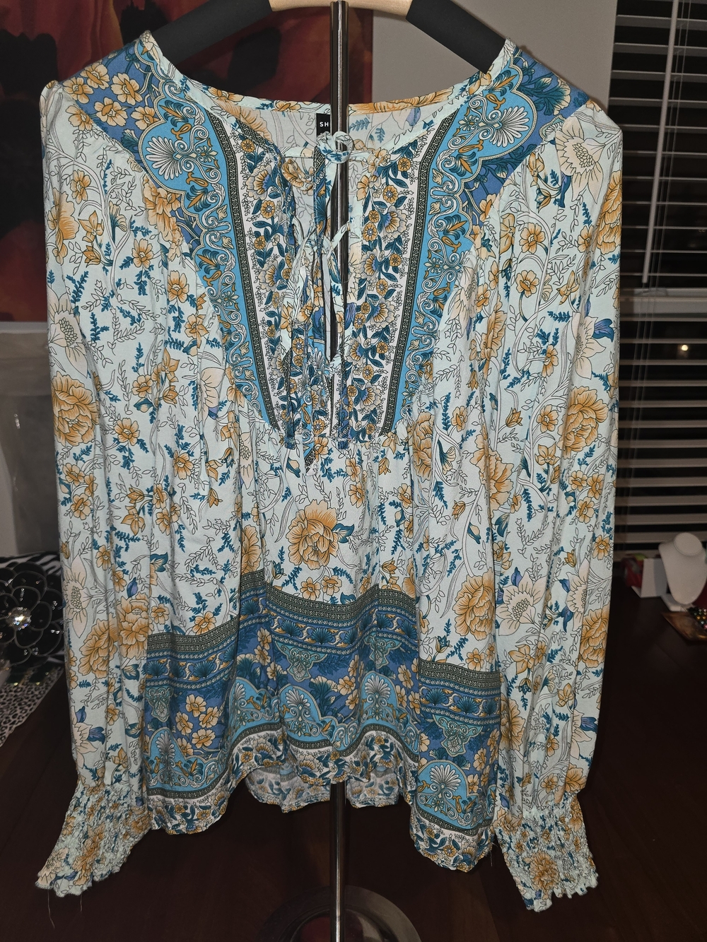 SHEIN Teal & Mustard Floral Peasant Blouse, Like New, Size XXL